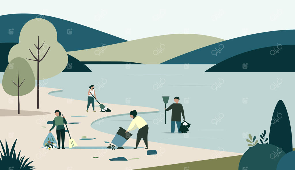 تصویرسازی محیط زیستی به سبک تخت: مردم در حال جمع‌آوری زباله و تمیز کردن رودخانه برای مراقبت از محیط زیست