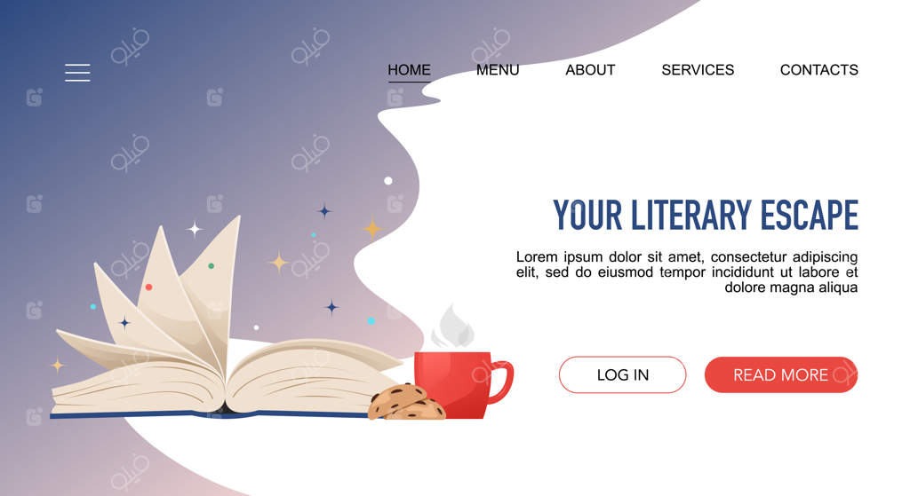 پترن صفحه فرود کتابخانه آنلاین با کتاب باز و نوشیدنی گرم و خوراکی