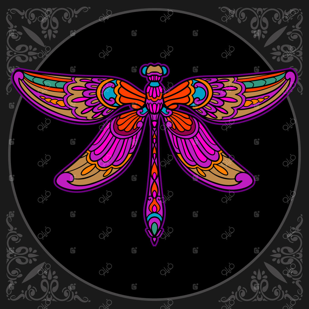 هنر زنتنگل سنجاقک رنگارنگ در زمینه سیاه