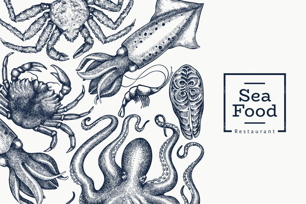 پترن طراحی غذاهای دریایی. تصویرسازی دستی از غذاهای دریایی. نقاشی حکاکی شده غذا. پس‌زمینه‌ای با طرح حیوانات دریایی قدیمی.