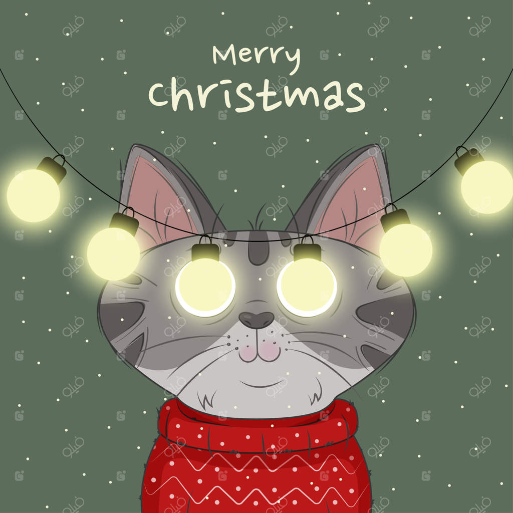 گربه کارتونی بامزه با ژاکت قرمز و ریسه‌های نورانی