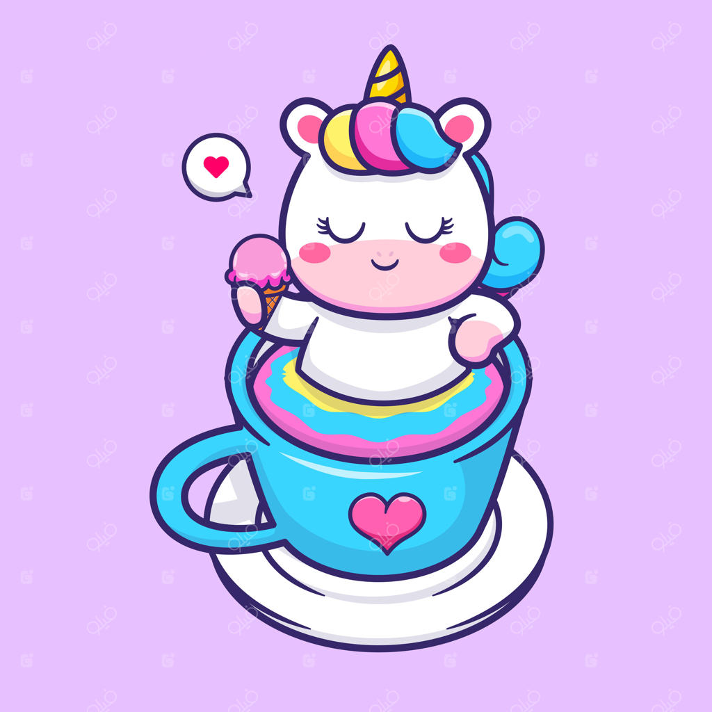 تک‌شاخ بامزه در حال استراحت در قهوه‌رنگین‌کمانی و در حال خوردن بستنی، کارتونی