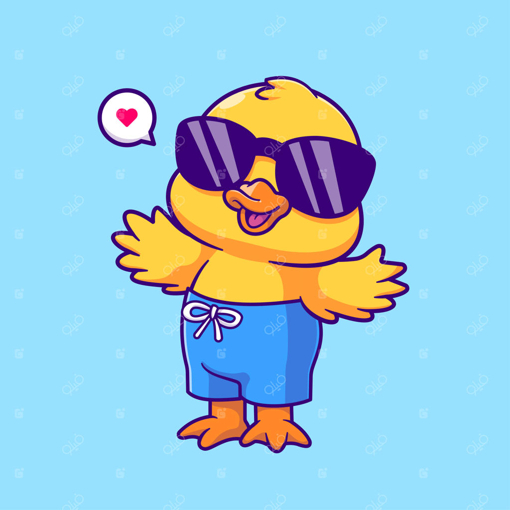تصویر وکتور کارتونی اردک بامزه در تابستان و در حال دست تکان دادن. مفهوم نماد تعطیلات حیوانات به صورت مجزا