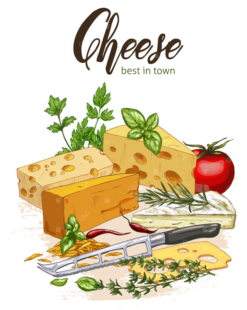 تصویر واقعی و رنگی از پنیر و سبزیجات با ریحان و گوجه‌فرنگی