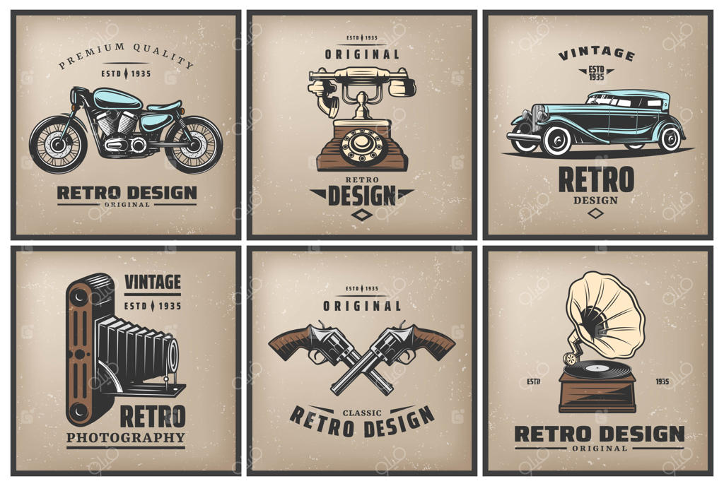 مجموعه پوسترهای رنگی کلاسیک با طرح‌های اتومبیل، موتورسیکلت، تلفن، دوربین، تپانچه‌های جفتی و گرامافون