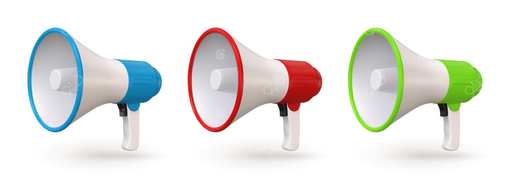 آیکون‌های واقع‌گرایانه سه‌بعدی بلندگوهای قرمز، آبی و سبز: ابزار اطلاع‌رسانی، سخنرانی و اعلام اضطراری