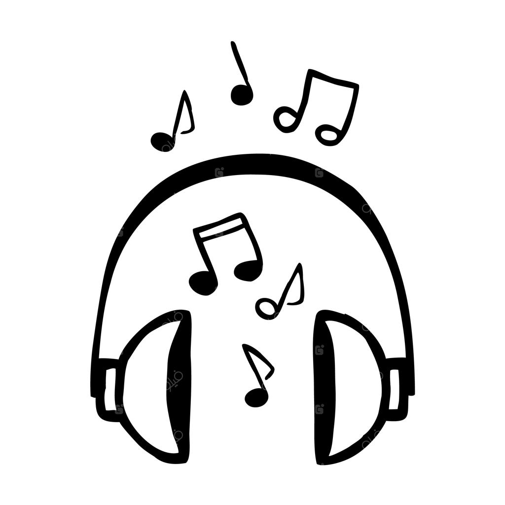 طرح دستی و خطی هدفون در حال پخش موسیقی با خط سیاه نازک