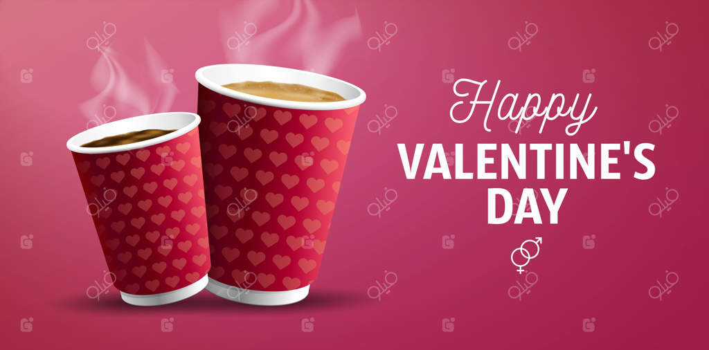 پوستر کمپین قهوه برای روز ولنتاین با آفر ویژه آمریکانو و کاپوچینو آماده برای بیرون‌بر