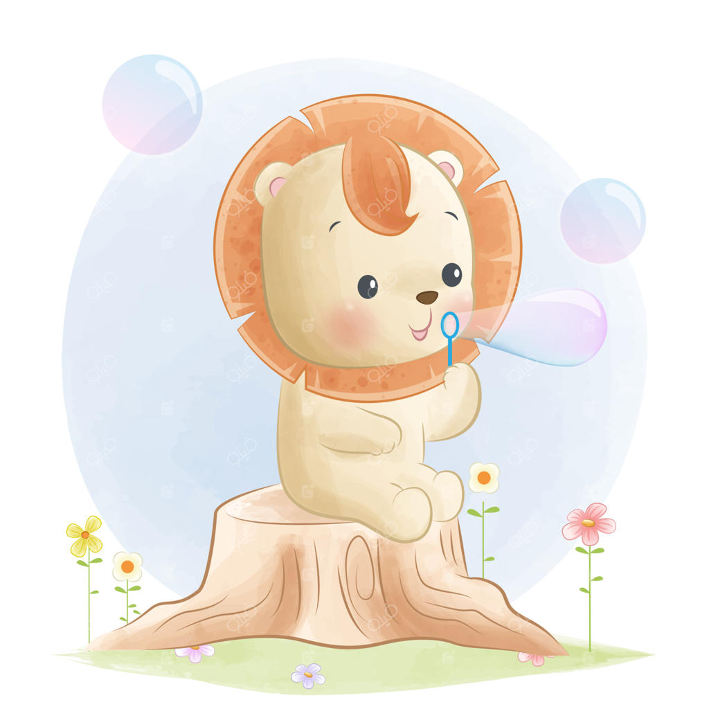 تصویرسازی بچه شیر در حال بازی با حباب