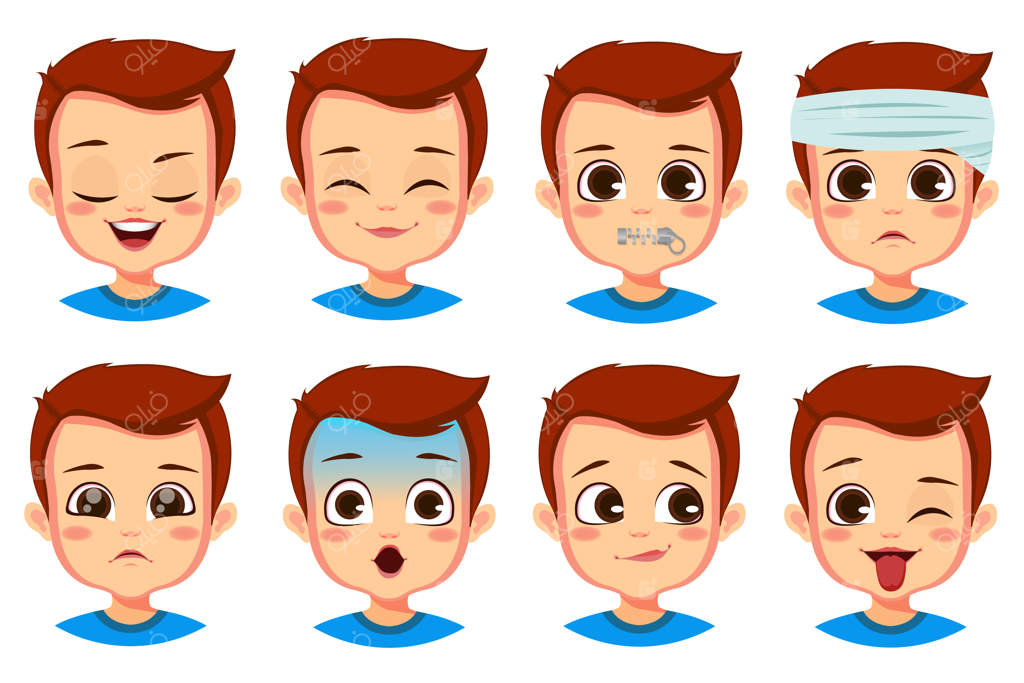 مجموعه‌ای از حالت‌های چهره بامزه پسر بچه