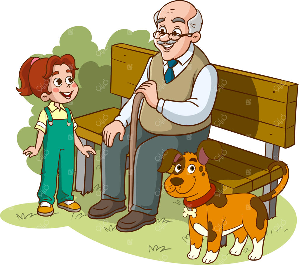وکتور کارتونی پدربزرگ و نوه نشسته روی نیمکت