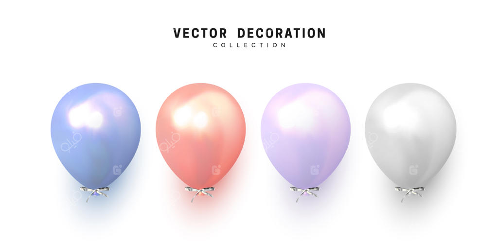 ست بادکنک هلیومی: طراحی واقع‌گرایانه سه‌بعدی بادکنک‌ها با روبان. عناصر تزئینی جشن. ایزوله شده بر روی پس‌زمینه سفید. تصویر برداری.
