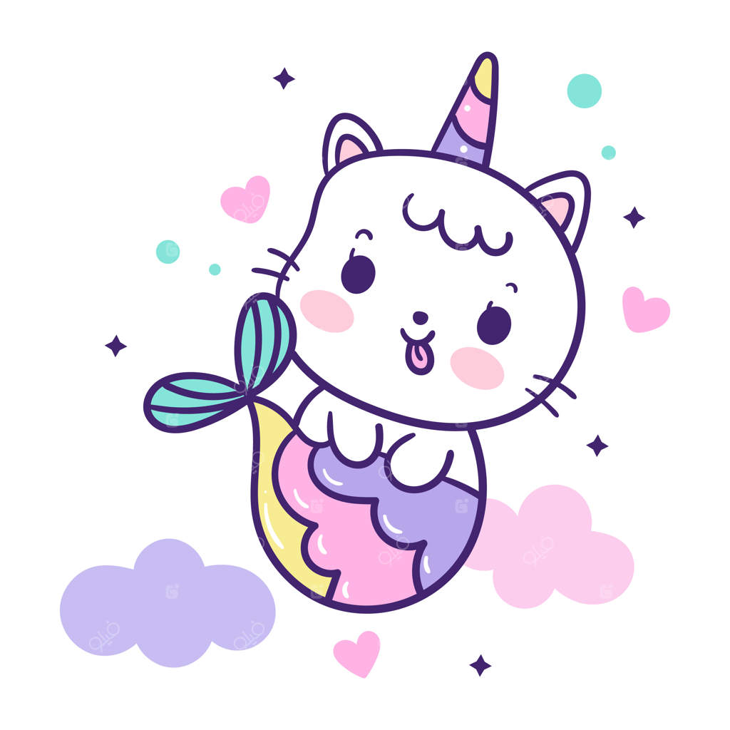 تصویر کارتونی گربه پری دریایی با شاخ تک‌شاخ