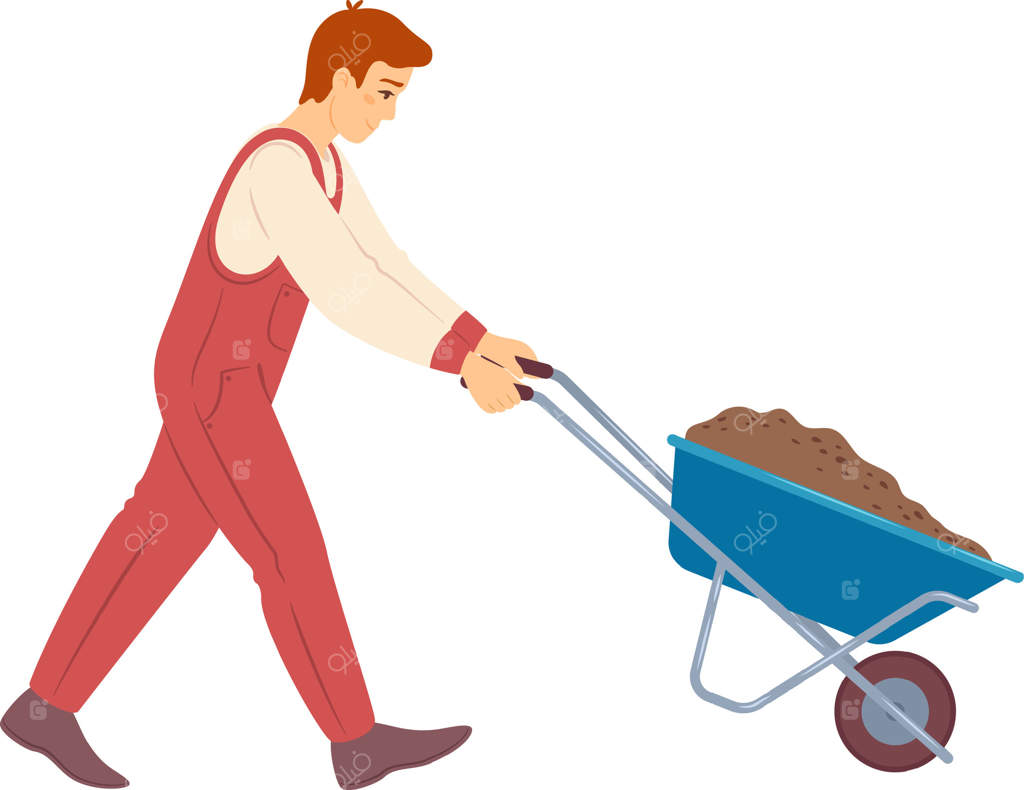 باغبان جوان با فرغون پر از خاک مرغوب، مشغول فعالیت‌های باغبانی و محوطه‌سازی، نماد روحیه کشاورزی و کار در فضای باز