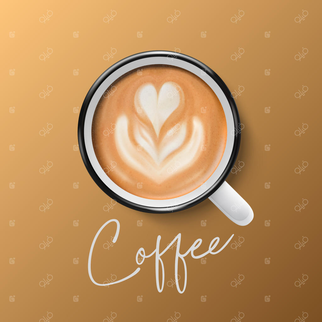 ماگ سرامیکی سفید سه‌بعدی واقعی: طرح نزدیک از کاپوچینو لات با فوم شیر، بر روی پس‌زمینه قهوه‌ای