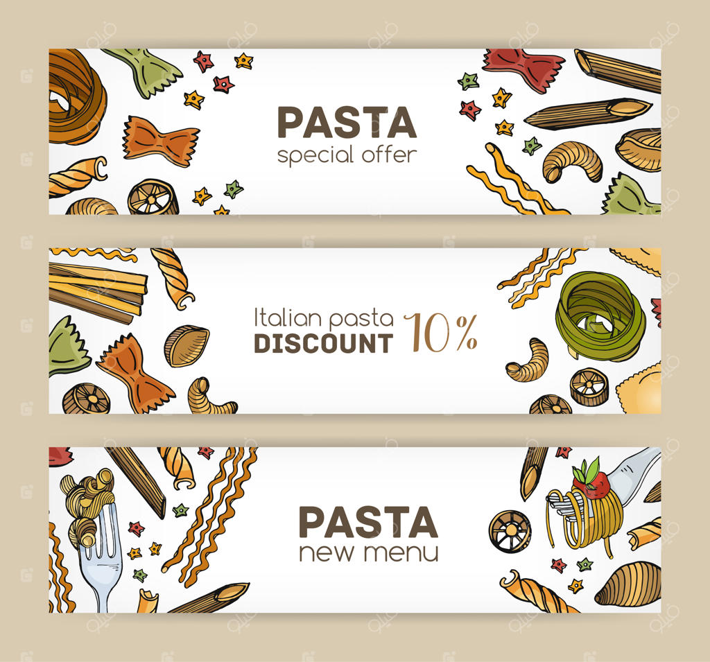 مجموعه قالب‌های بنر وب با طرح‌های متنوع از انواع مختلف پاستا خام و پخته‌شده.