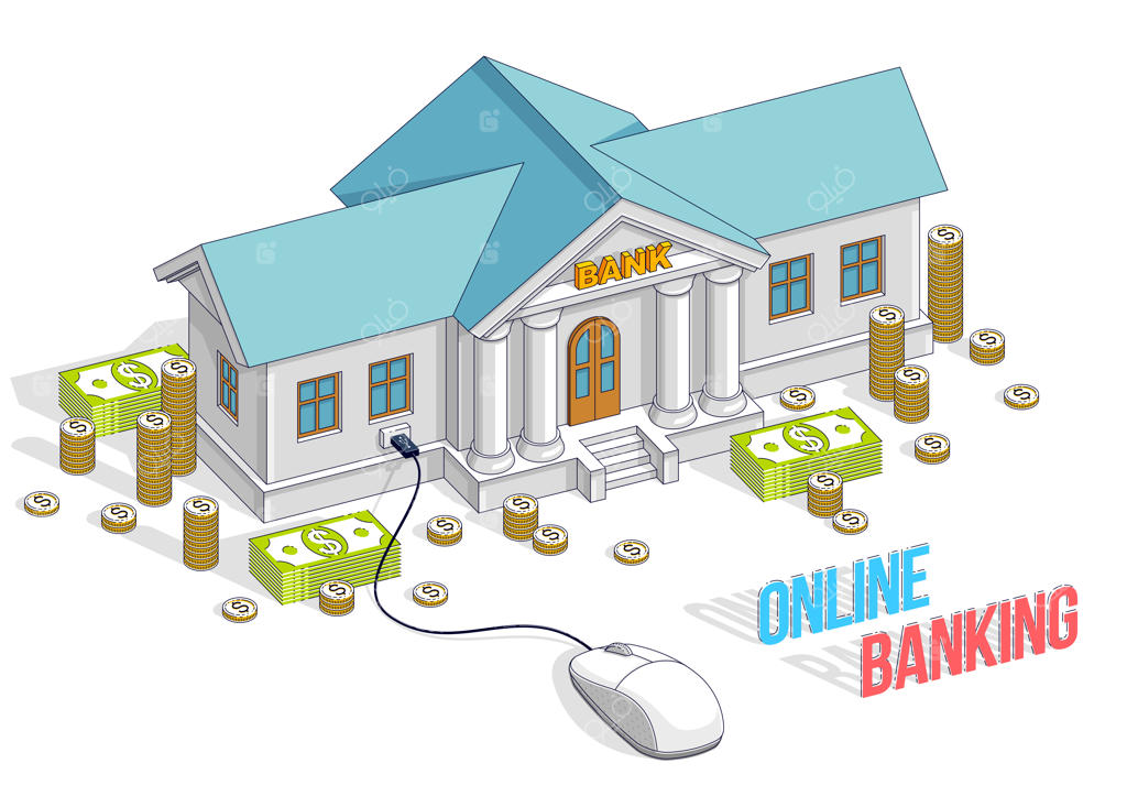 ساختمان بانک با موس کامپیوتر و توده‌ای از پول نقد و سکه، بانکداری آنلاین، تصویر کارتونی ایزوله‌شده روی پس‌زمینه سفید. تصویر ایزومتریک برای تجارت و امور مالی، طراحی سه‌بعدی باریک.