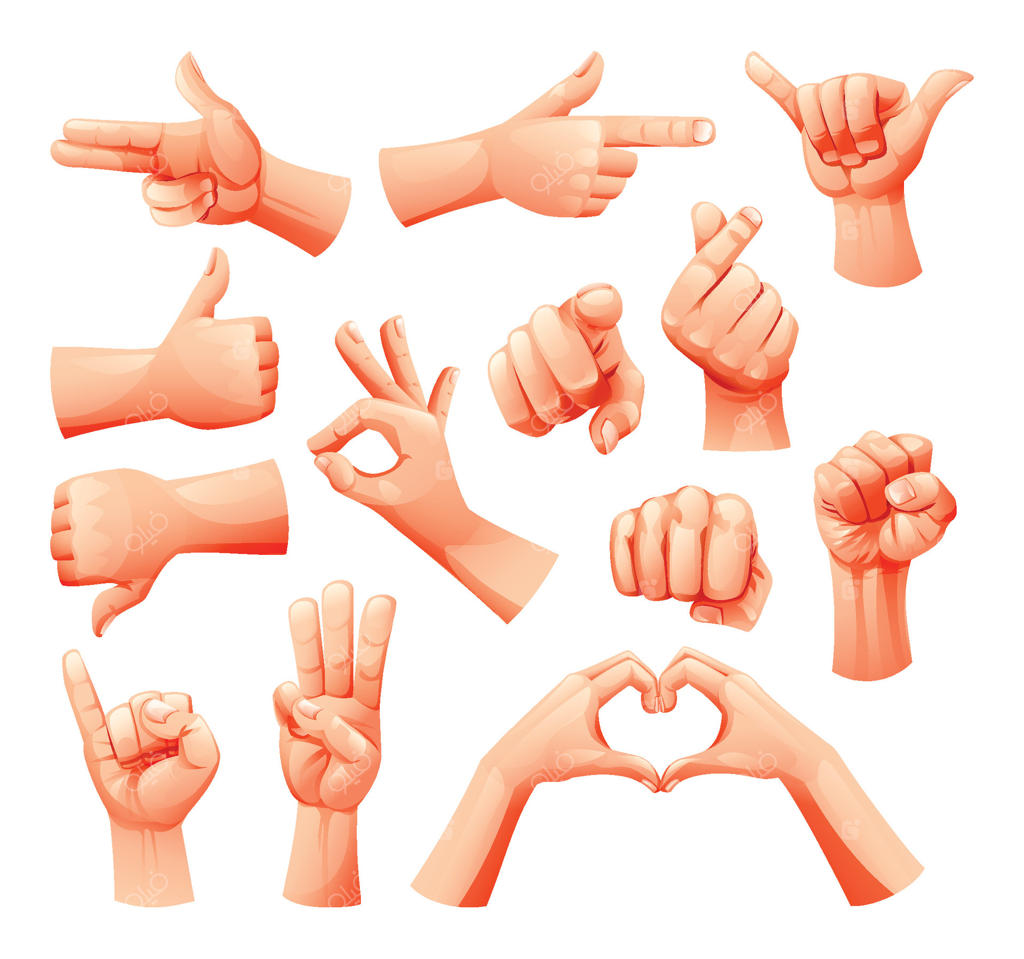 اشاره‌های دست مختلف مانند لایک، اشاره، مشت و عشق. تصویرسازی کارتونی