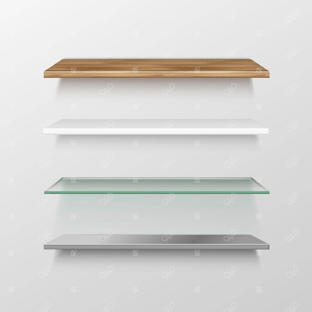 مجموعه قفسه‌های خالی چوبی، شیشه‌ای، فلزی و پلاستیکی
