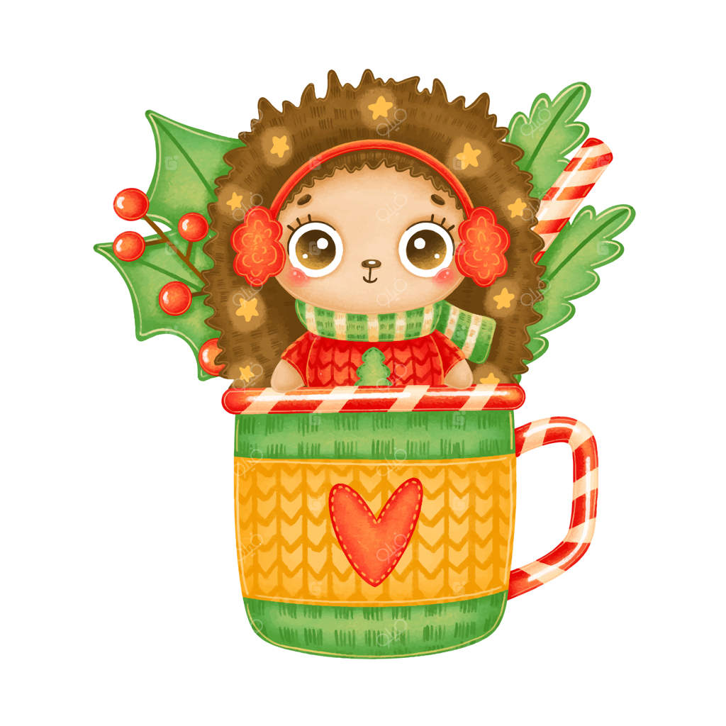 تصویر یک جوجه تیغی کارتونی بامزه کریسمس با پلیور قرمز و ستاره‌ها در یک فنجان چای