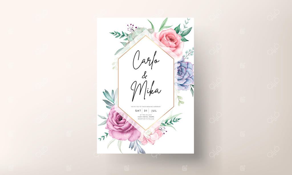 کارت دعوت عروسی زیبا با طرح آبرنگی گل‌های رز و ساکولنت‌ها