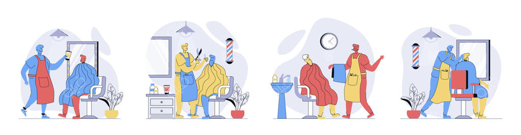 مجموعه طراحی آرایشگاه در سبک فلت برای وب: افراد در حال دریافت خدمات حرفه‌ای کوتاهی مو، آرایشگر در حال اصلاح ریش، آرایشگران در حال اصلاح سبیل و انجام مراقبت‌های زیبایی. تصاویر.