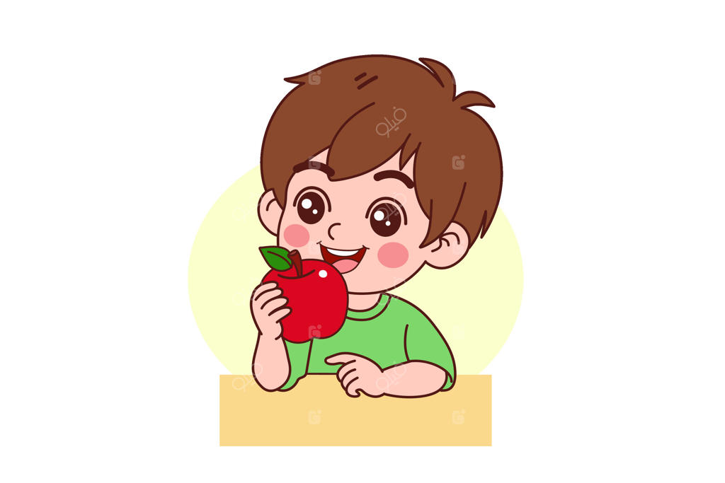 پسربچه‌ای با پیراهن سبز در حال خوردن سیب