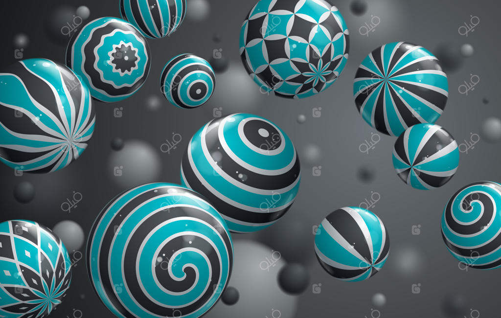 پس‌زمینه وکتور کره‌های براق و واقع‌گرایانه: ترکیبی از کره‌های پرنده با طرح‌های مختلف و جلوه عمق میدان.