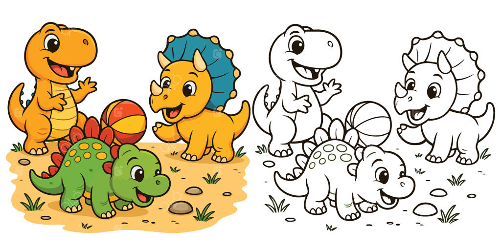 مجموعه رنگ‌آمیزی دوستان دایناسور بازیگوش - سه گانه دایناسورهای بامزه با توپ (نسخه‌های رنگی و خطی)