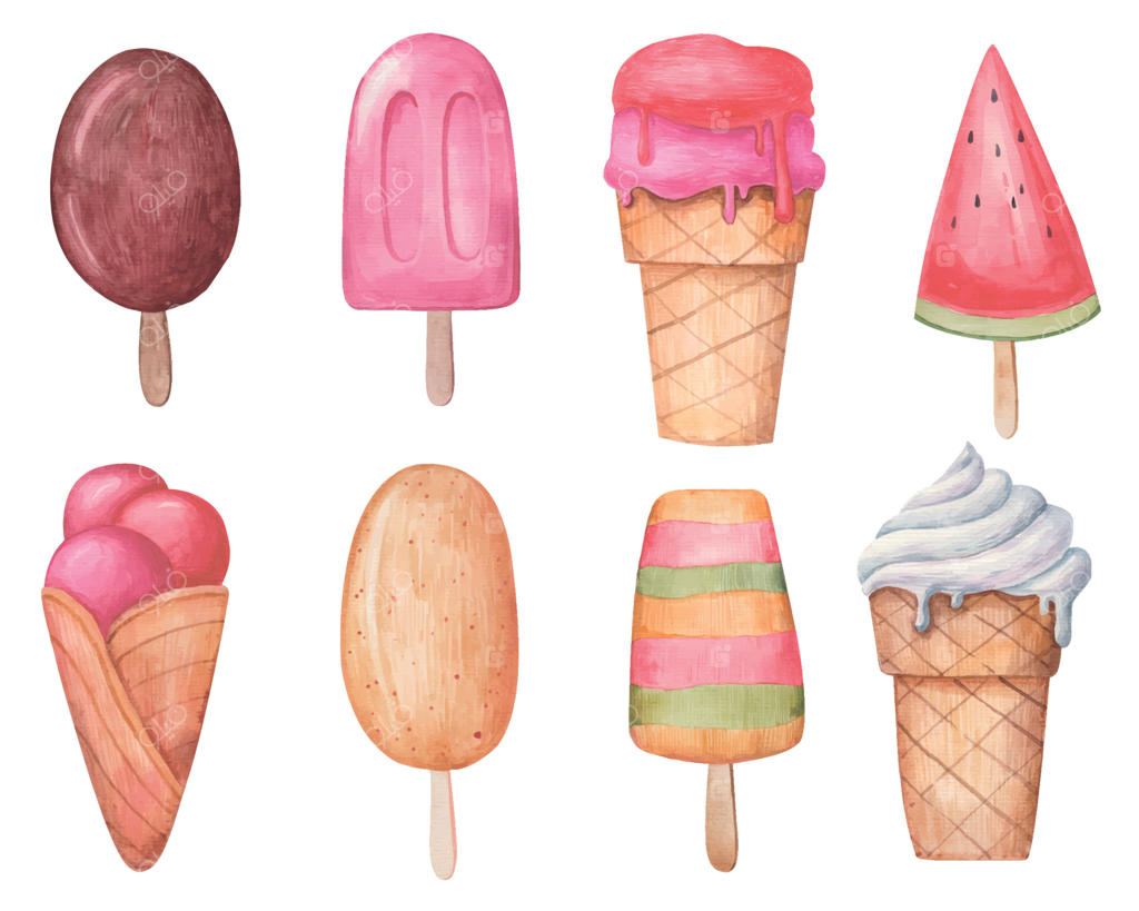 تصویرسازی آبرنگی کودکانه از بستنی، دسر و شیرینی