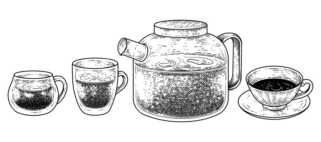 ست چای‌خوری تزیینی و قدیمی با طراحی دستی؛ وکتور اسکیس فنجان، استکان، ماگ و قوری