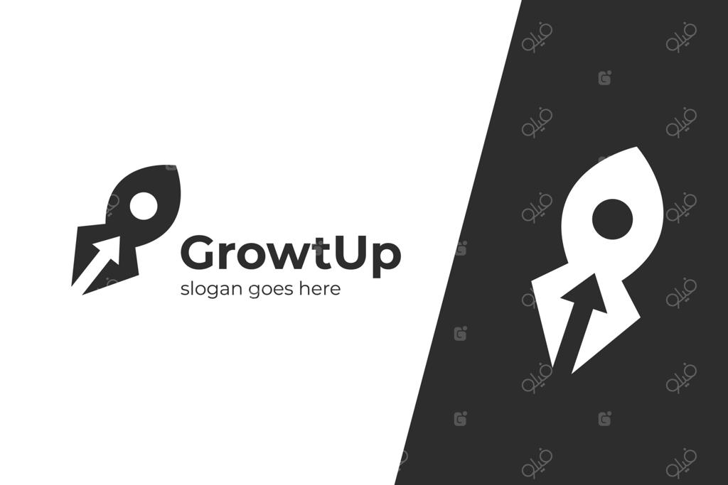 طراحی لوگوی موشک با نماد فلش رو به بالا برای استارتاپ، نماد پیشرفت کسب‌وکار، الگوی لوگوی تقویت‌کننده بازاریابی