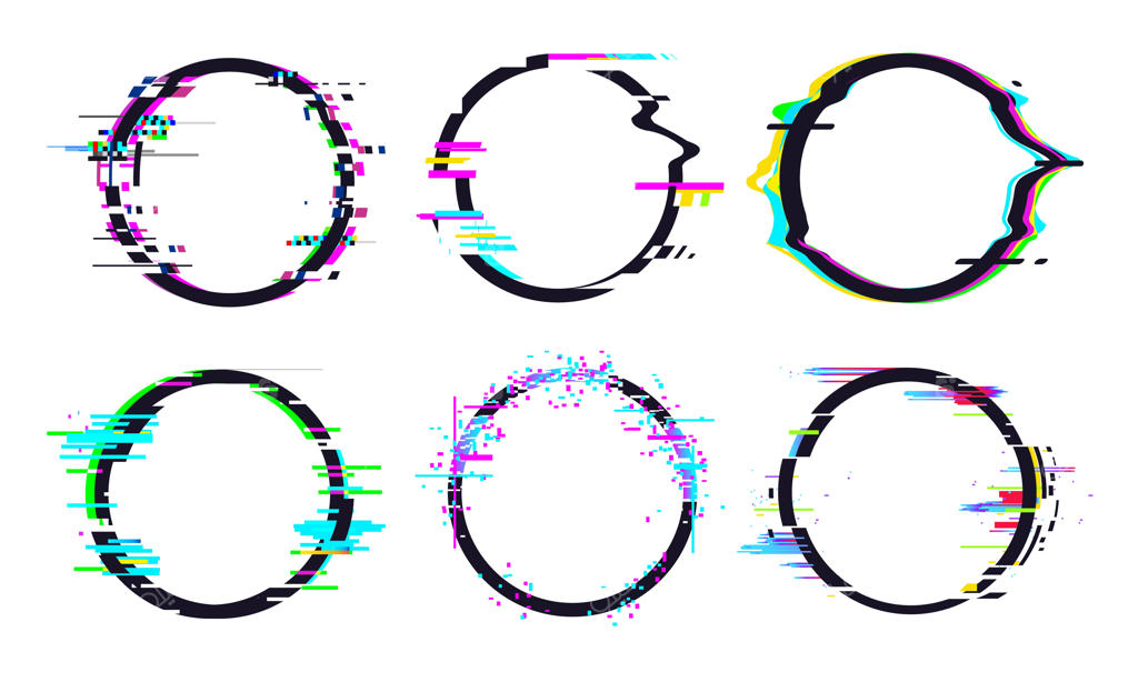 تاثیر فریم دایره‌ای گلیچ، مجموعه دایره‌های گلیچ مدرن، فرم و شکل هندسی تلویزیون دیجیتال. تصویرسازی وکتور