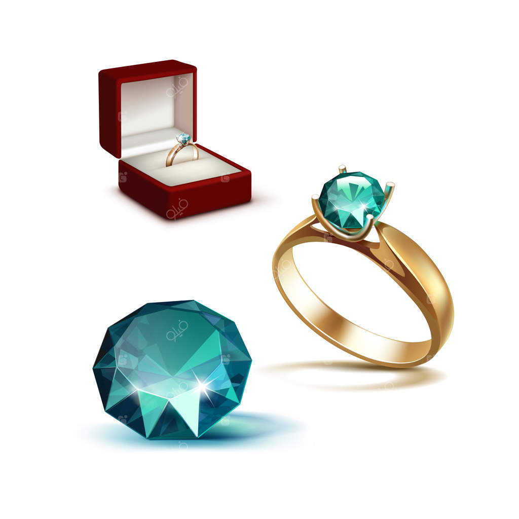 حلقه نامزدی طلایی با زمرد و الماس درخشان در جعبه جواهر قرمز