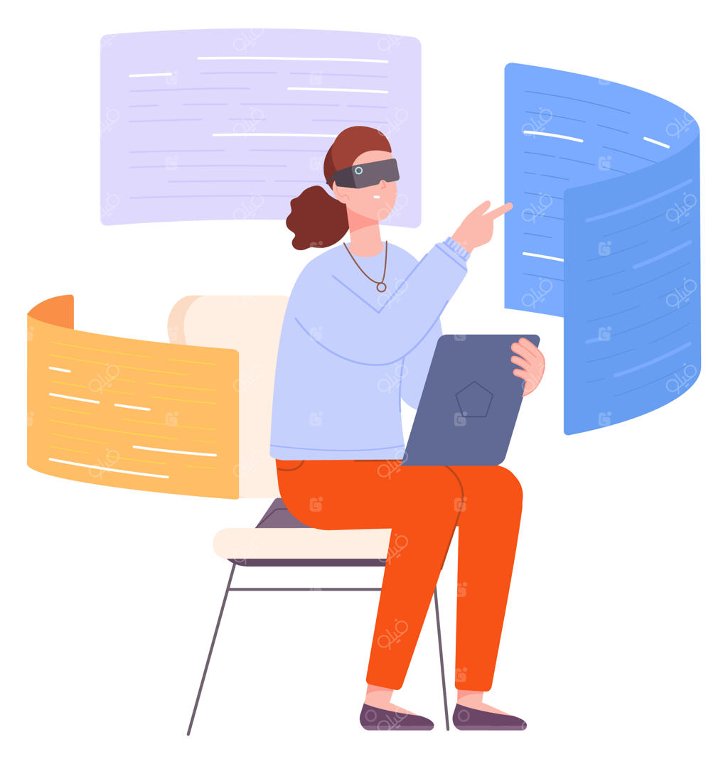 زنی در حال بررسی داده‌ها در محیط واقعیت مجازی و فناوری علمی آینده‌نگرانه