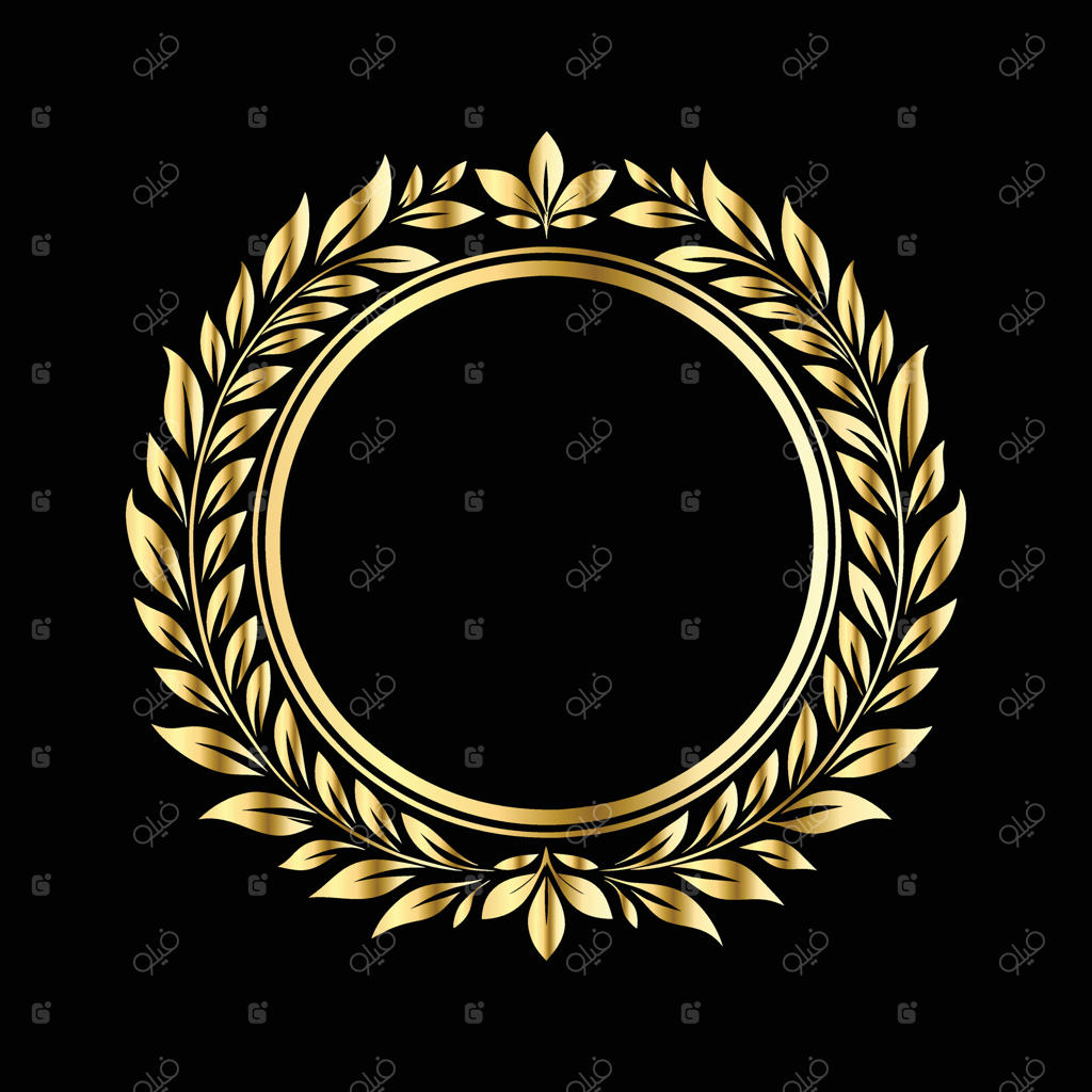 تاج طلایی برگ بو روی پس‌زمینه مشکی: قاب طلایی قدیمی با تزئینات گل.