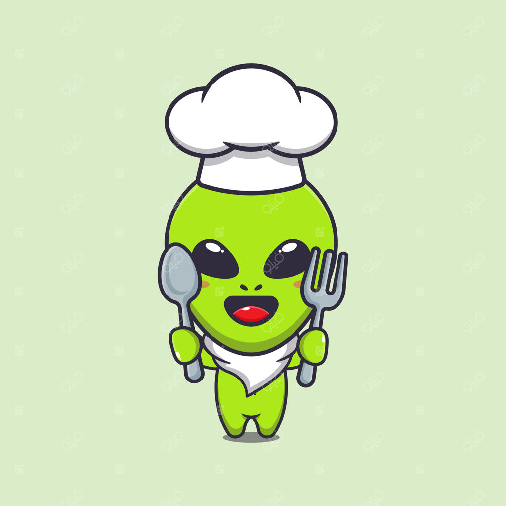 تصویر کارتونی یک بیگانه آشپز بامزه در حال نگه داشتن قاشق و چنگال.