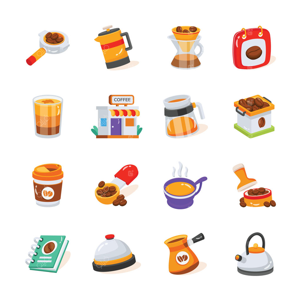 مجموعه‌ای از آیکون‌های کارتونی با سبک مسطح که اقلام و تجهیزات مربوط به قهوه را نشان می‌دهند