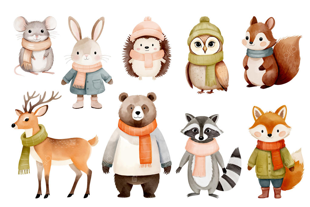 حیوانات جنگلی با لباس زمستانی: روباه، آهو، خرس، سنجاب، خرگوش، راکون و جغد. نقاشی آبرنگی