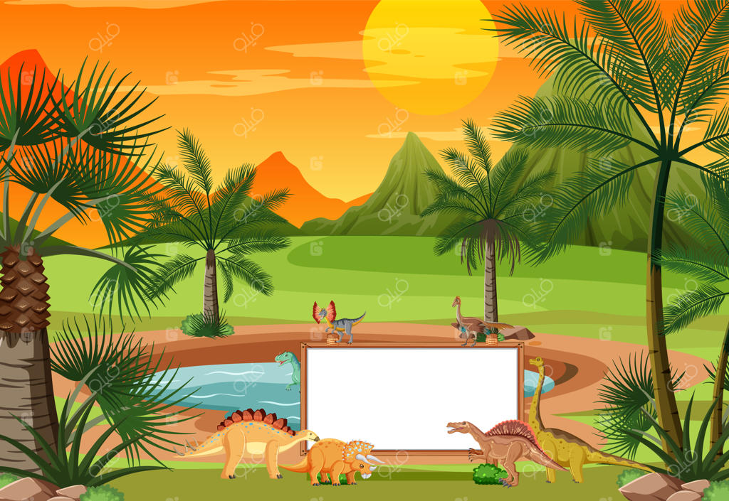 صحنه‌ای با دایناسورها و تخته سفید در جنگل