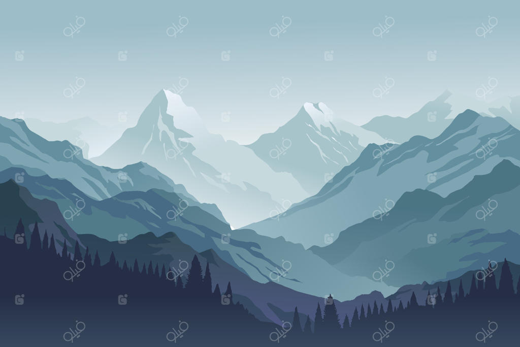 تصویری از قله‌های کوهستانی پوشیده از برف با لایه‌های آبی، سیلوئت‌های درختان کاج و آسمانی مه‌آلود.