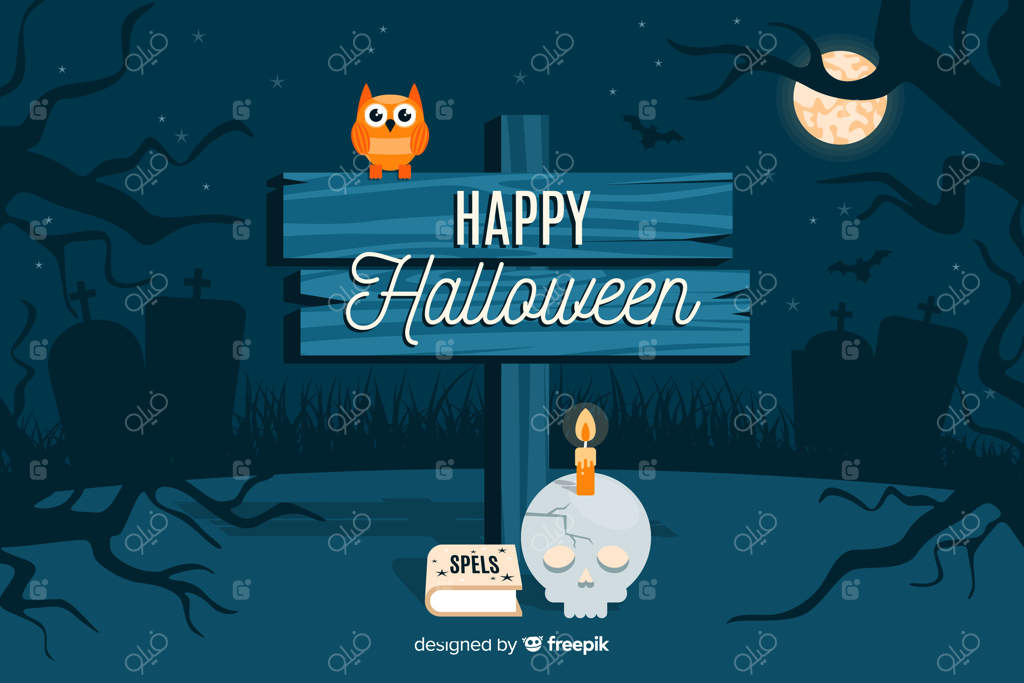 تابلوی جشن هالووین در پس‌زمینه شب