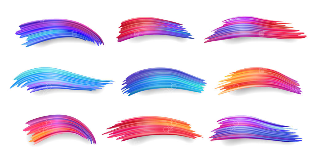 مجموعه ضربات قلم‌موی رنگارنگ و مجزا، گرادینت رنگ‌های سرد و گرم، لکه آبرنگ، طرح انتزاعی اکریلیک آبی و بنفش و لکه رنگ قرمز