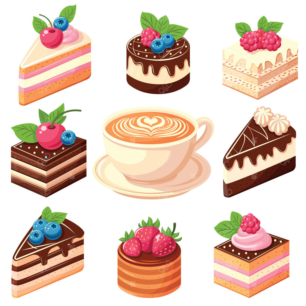 مجموعه‌ای از نه نوع کیک مختلف و یک فنجان قهوه. کیک‌ها در یک ردیف چیده شده‌اند و برخی از آن‌ها با بلوبری و توت‌فرنگی تزیین شده‌اند.