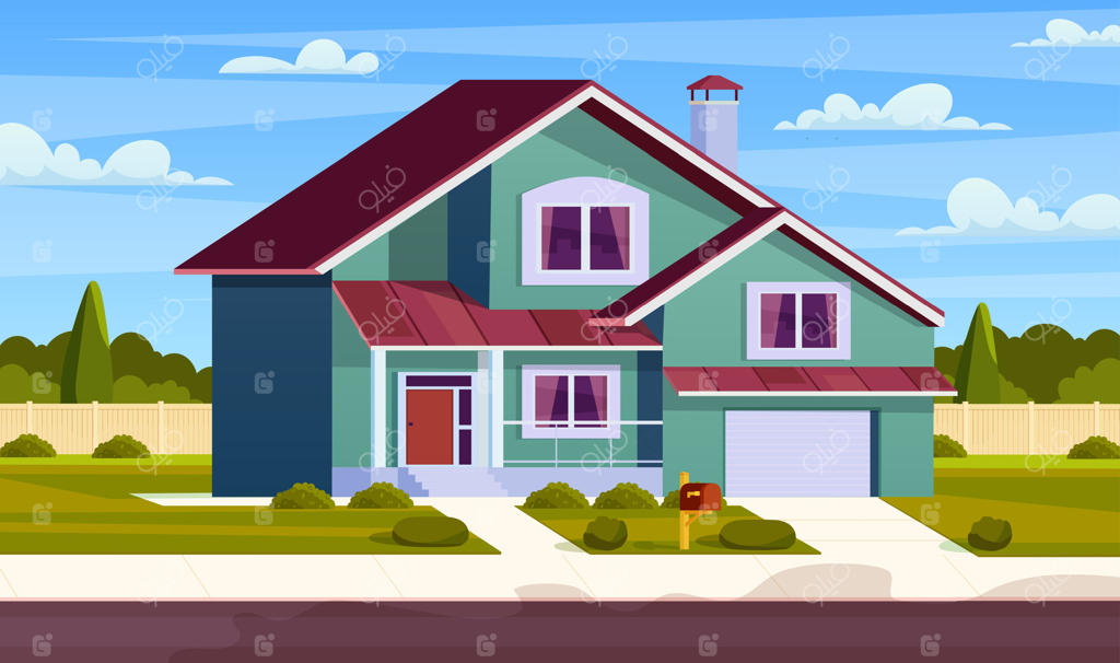 خانه حومه شهر، کلبه مسکونی، نمای ساختمان روستایی. نمای خانه حومه با باغچه، چمنزار و گاراژ. تصویرسازی وکتور به سبک تخت