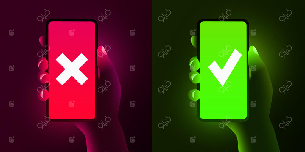 دست گوشی هوشمند را نگه می‌دارد که بر روی صفحه‌نمایش نماد تیک و ضربدر به همراه دکمه‌های بله و خیر دارد