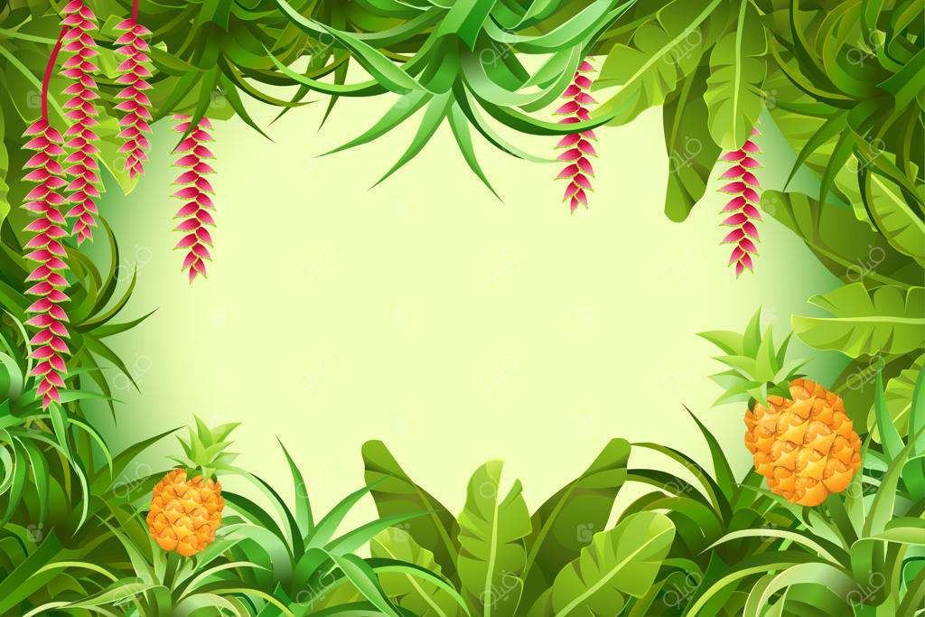 قاب جنگل استوایی با گیاهان و برگ‌ها.