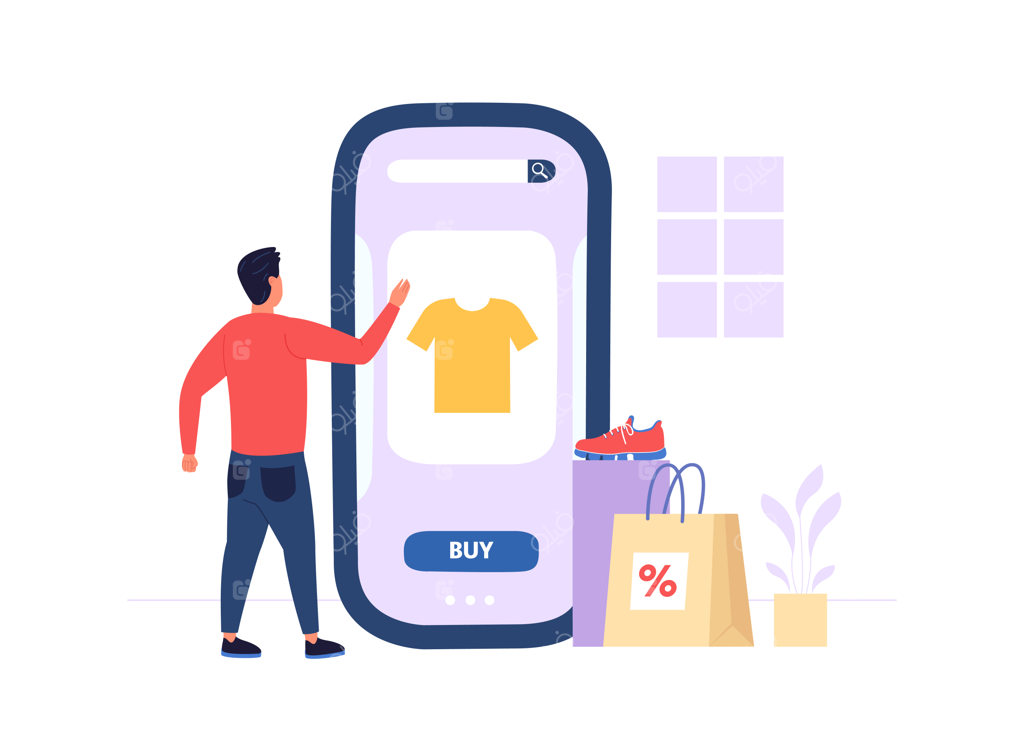 کاراکتر مرد در حال خرید آنلاین، انتخاب تی‌شرت روی صفحه موبایل و انجام پرداخت دیجیتال با گوشی هوشمند