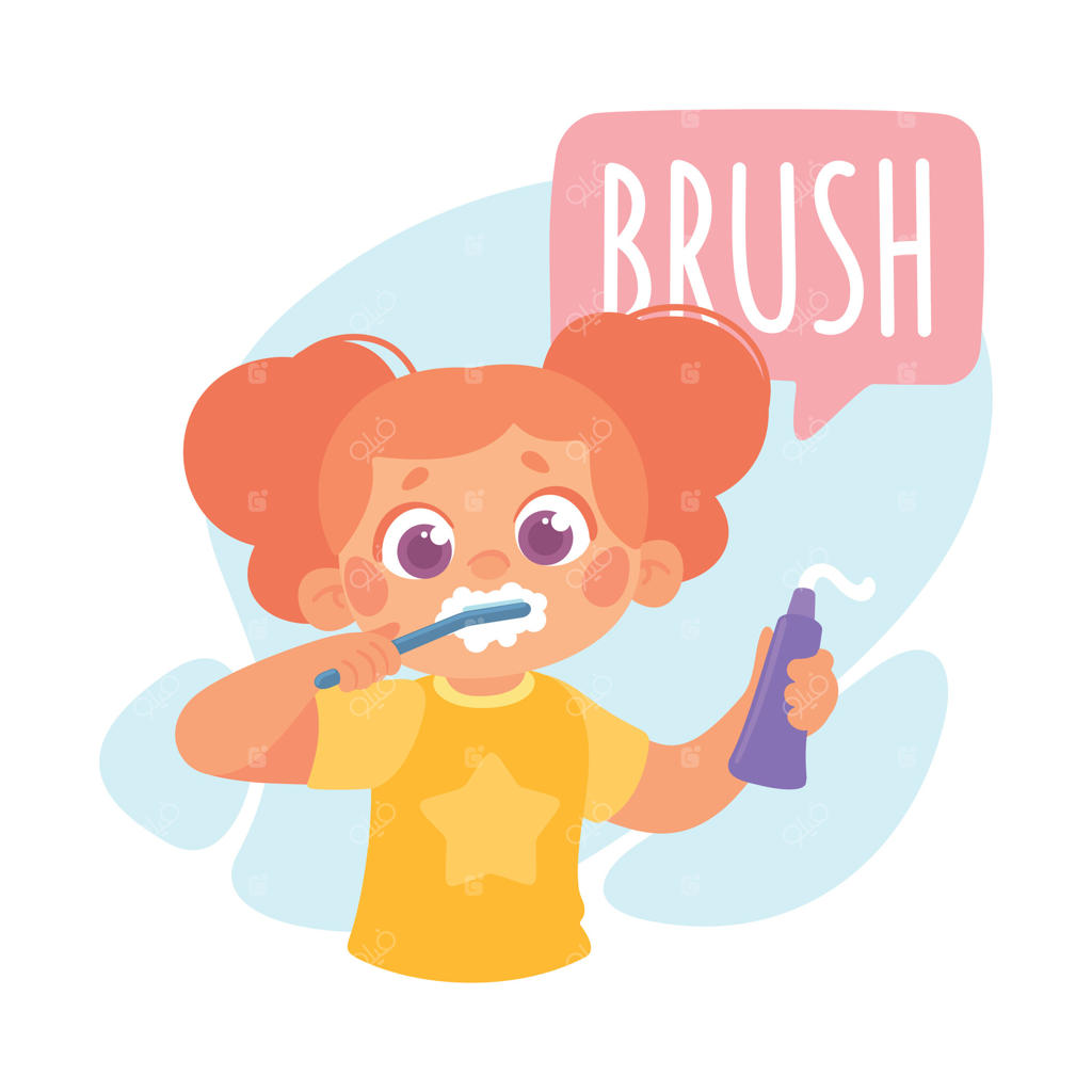تصویرسازی دختربچه در حال مسواک زدن برای آموزش فعل و یادگیری واژگان