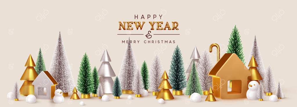 سال نو مبارک. درختان کریسمس سرسبز و نقره‌ای و مخروطی طلایی سه‌بعدی، ترکیب زمستانی.
خانه طلایی. متن سه‌بعدی طلایی سال نو.
کارت هدیه تعطیلات کریسمس.
پس‌زمینه خلاقانه و شیک.